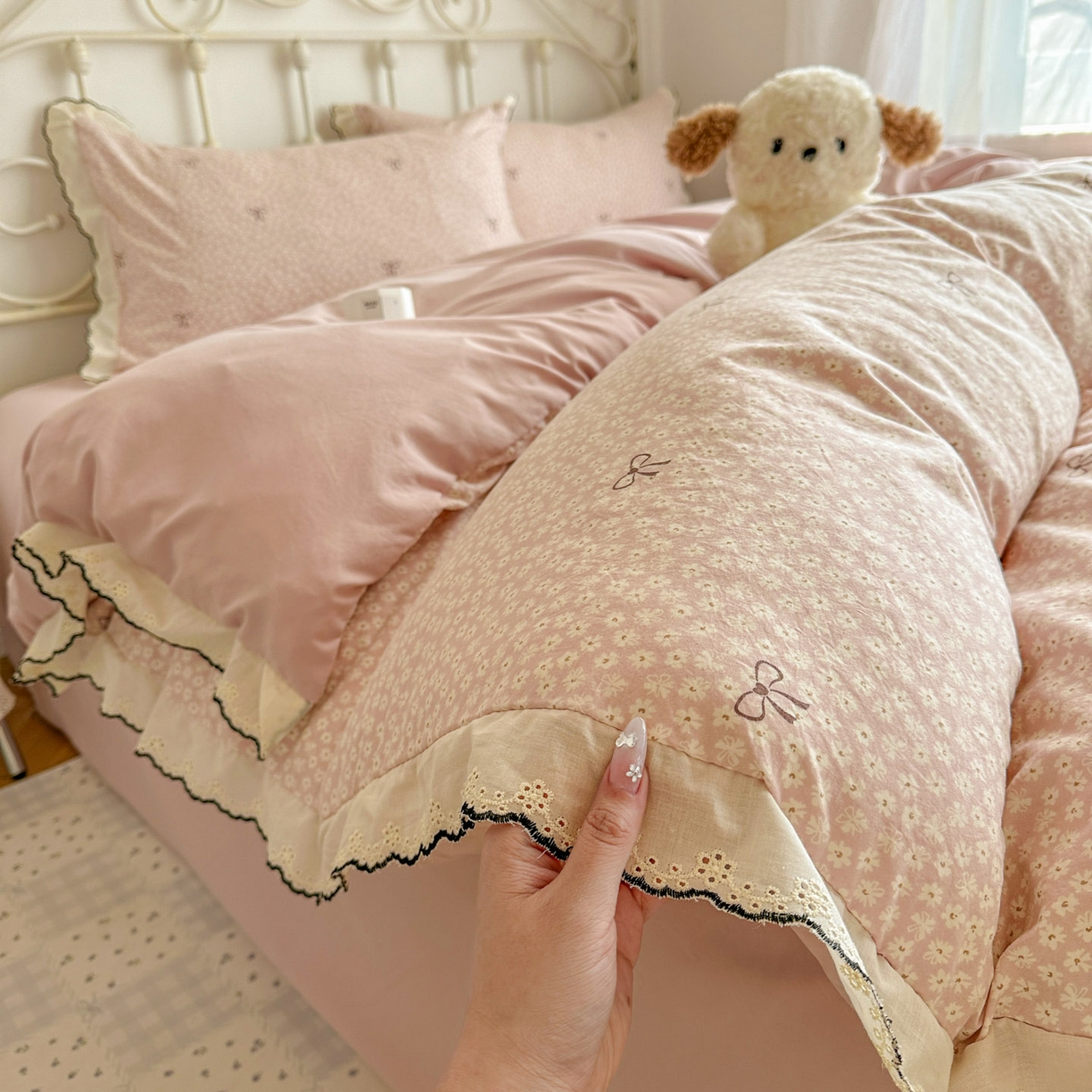 91家纺网 家纺一手货源 找家纺 （总）晚爱家纺（原晚安家居） 2026春夏新款古法水洗棉复古法式花边四件套少女公主风