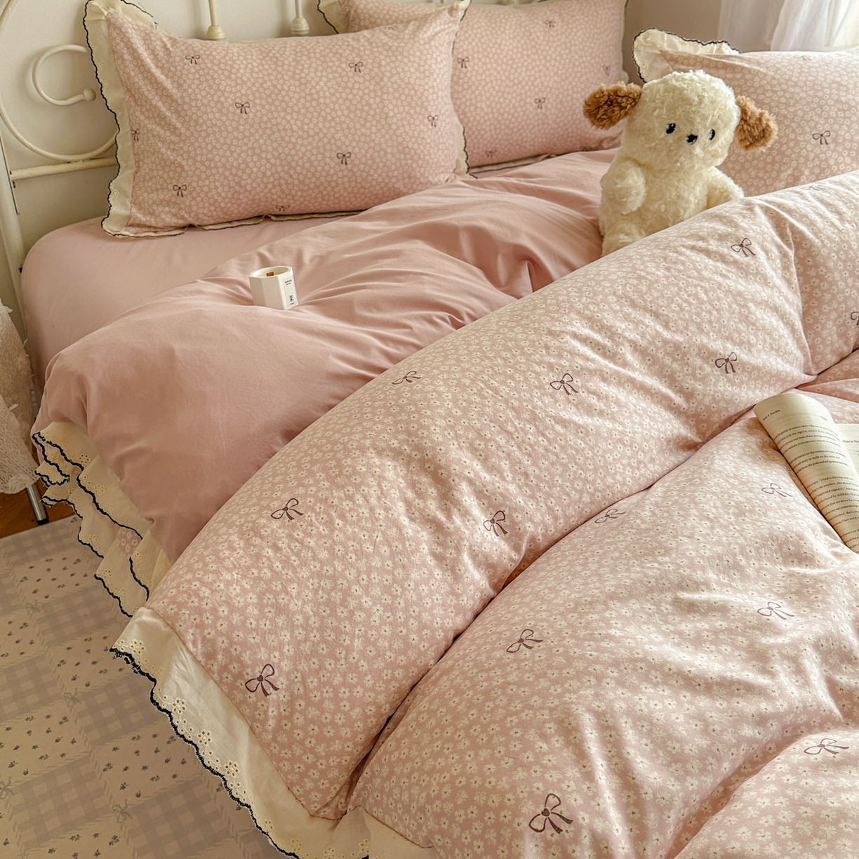 91家纺网 家纺一手货源 找家纺 晚爱家纺（原晚安家居） 2026春夏新款古法水洗棉复古法式花边四件套少女公主风 粉色蝴蝶结