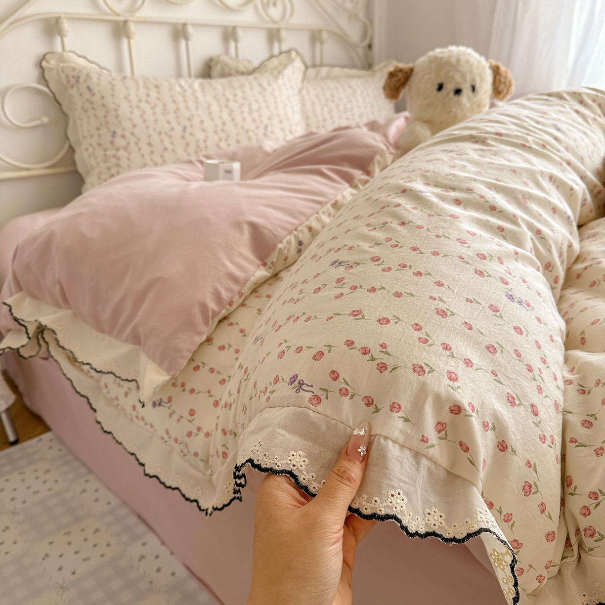 晚爱家纺（原晚安家居） 2026春夏新款古法水洗棉复古法式花边四件套少女公主风 玫瑰花语