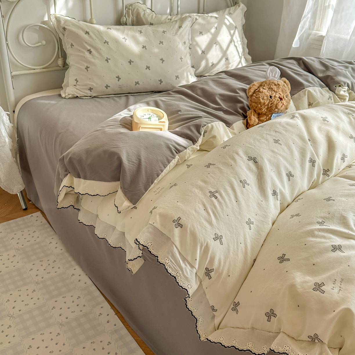 91家纺网 家纺一手货源 找家纺 晚爱家纺（原晚安家居） 2026春夏新款古法水洗棉复古法式花边四件套少女公主风 奶白蝴蝶结