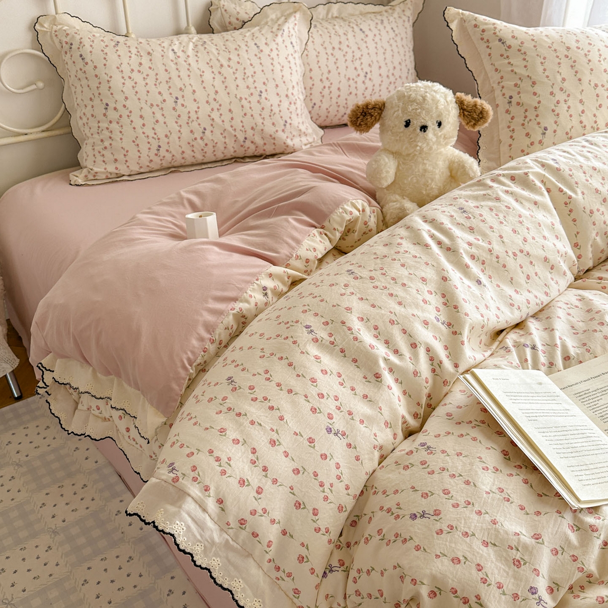 91家纺网 家纺一手货源 找家纺 晚爱家纺（原晚安家居） 2026春夏新款古法水洗棉复古法式花边四件套少女公主风 玫瑰花语