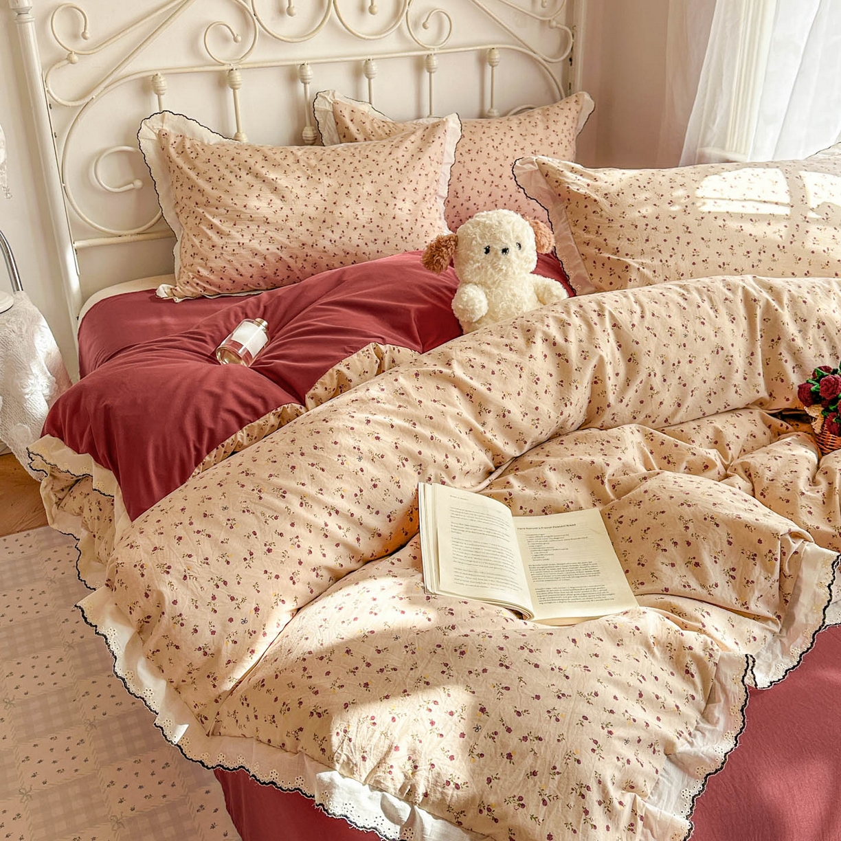 91家纺网 家纺一手货源 找家纺 晚爱家纺（原晚安家居） 2026春夏新款古法水洗棉复古法式花边四件套少女公主风 密语花田