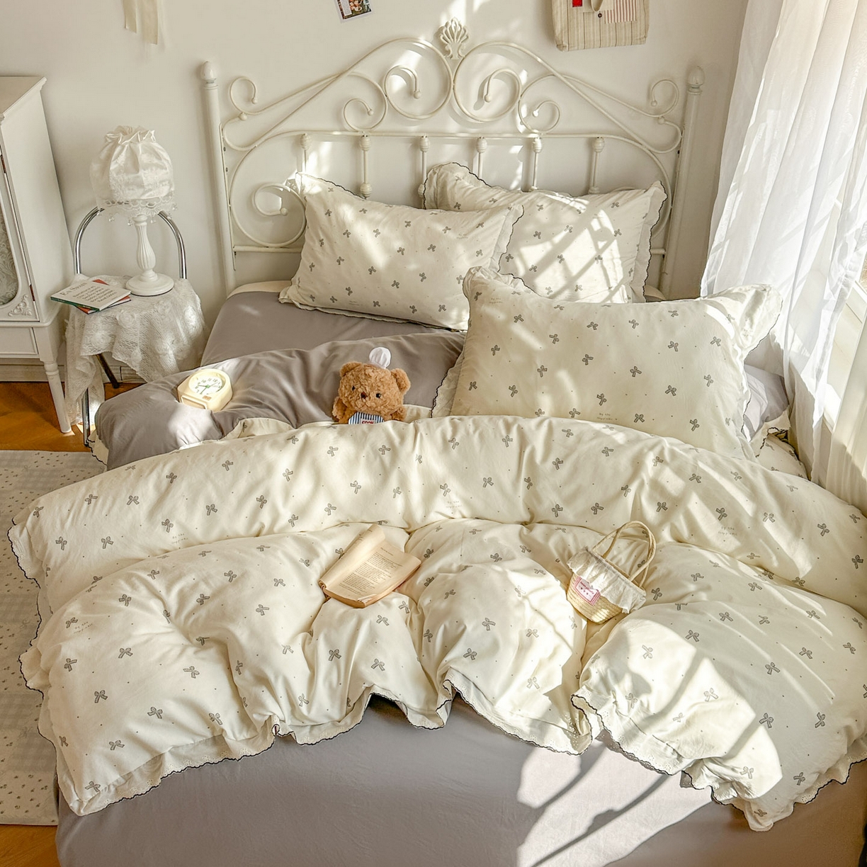 91家纺网 家纺一手货源 找家纺 晚爱家纺（原晚安家居） 2026春夏新款古法水洗棉复古法式花边四件套少女公主风 奶白蝴蝶结