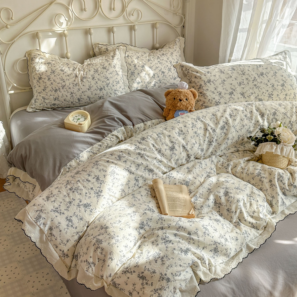 91家纺网 家纺一手货源 找家纺 晚爱家纺（原晚安家居） 2026春夏新款古法水洗棉复古法式花边四件套少女公主风 雾蓝花野