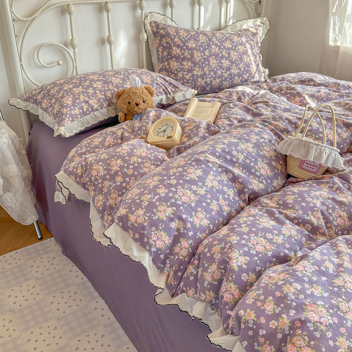 91家纺网 家纺一手货源 找家纺 晚爱家纺（原晚安家居） 2026春夏新款古法水洗棉复古法式花边四件套少女公主风 紫色花野