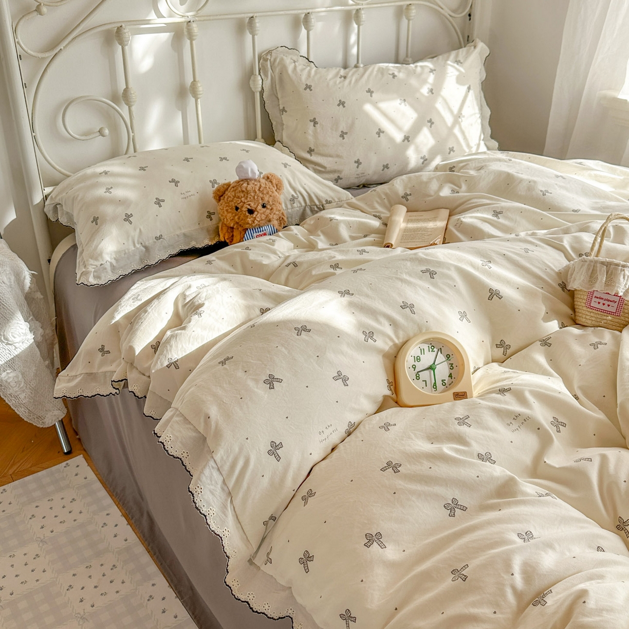 91家纺网 家纺一手货源 找家纺 晚爱家纺（原晚安家居） 2026春夏新款古法水洗棉复古法式花边四件套少女公主风 奶白蝴蝶结