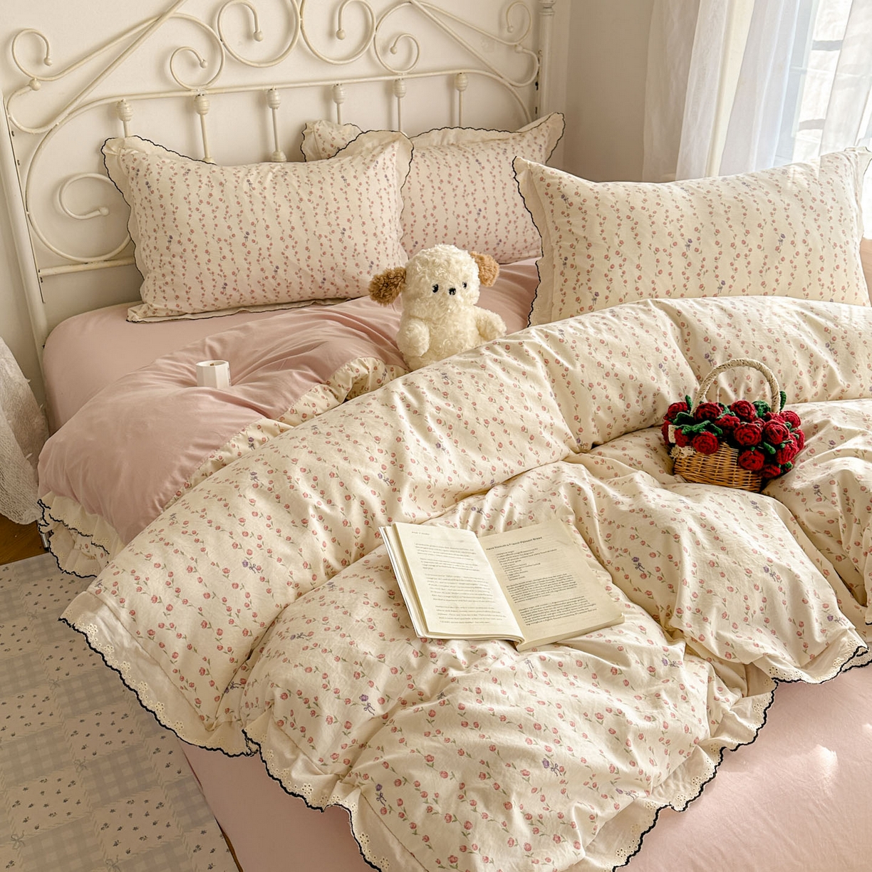 91家纺网 家纺一手货源 找家纺 晚爱家纺（原晚安家居） 2026春夏新款古法水洗棉复古法式花边四件套少女公主风 玫瑰花语
