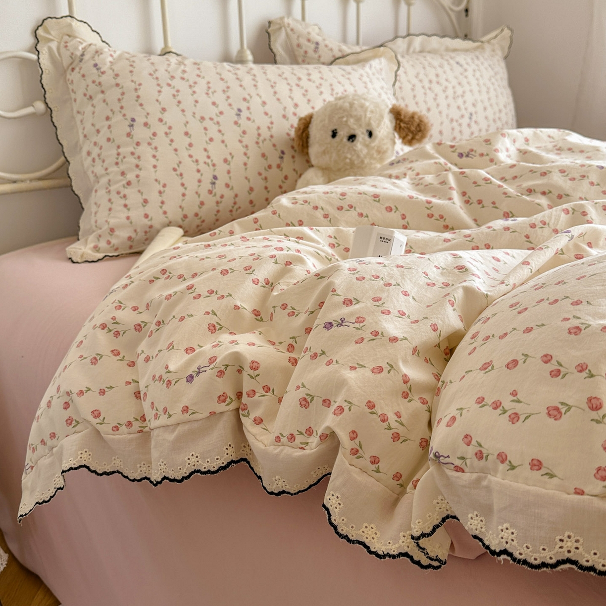 91家纺网 家纺一手货源 找家纺 晚爱家纺（原晚安家居） 2026春夏新款古法水洗棉复古法式花边四件套少女公主风 玫瑰花语