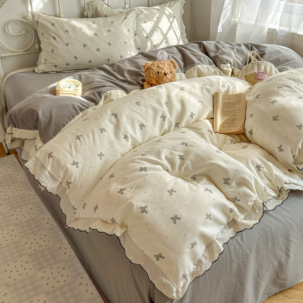 91家纺网 家纺一手货源 找家纺 晚爱家纺（原晚安家居） 2026春夏新款古法水洗棉复古法式花边四件套少女公主风 奶白蝴蝶结