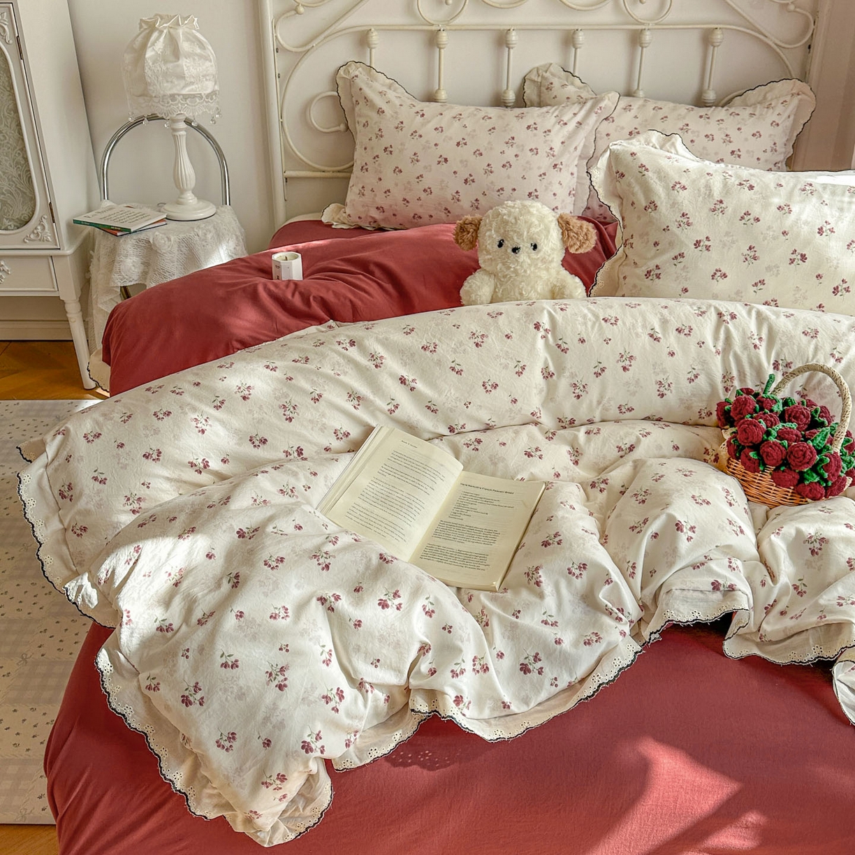 91家纺网 家纺一手货源 找家纺 晚爱家纺（原晚安家居） 2026春夏新款古法水洗棉复古法式花边四件套少女公主风 浆果日记