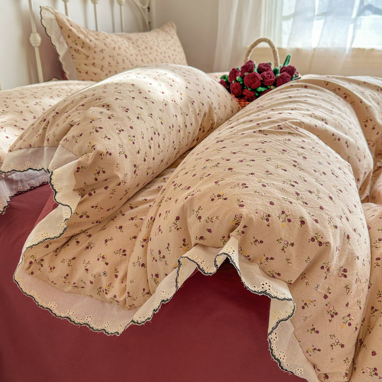 91家纺网 家纺一手货源 找家纺 晚爱家纺（原晚安家居） 2026春夏新款古法水洗棉复古法式花边四件套少女公主风 密语花田