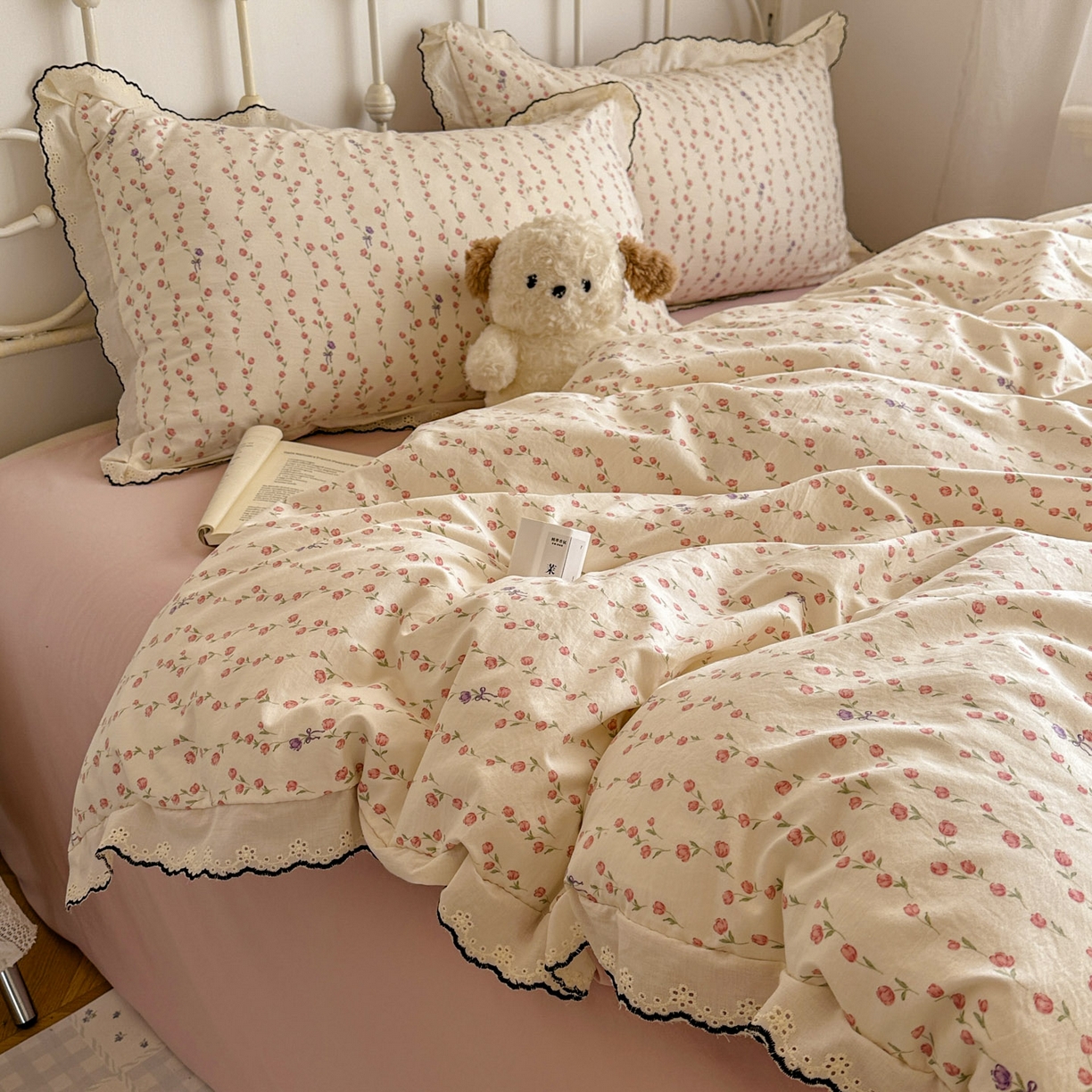 91家纺网 家纺一手货源 找家纺 晚爱家纺（原晚安家居） 2026春夏新款古法水洗棉复古法式花边四件套少女公主风 玫瑰花语