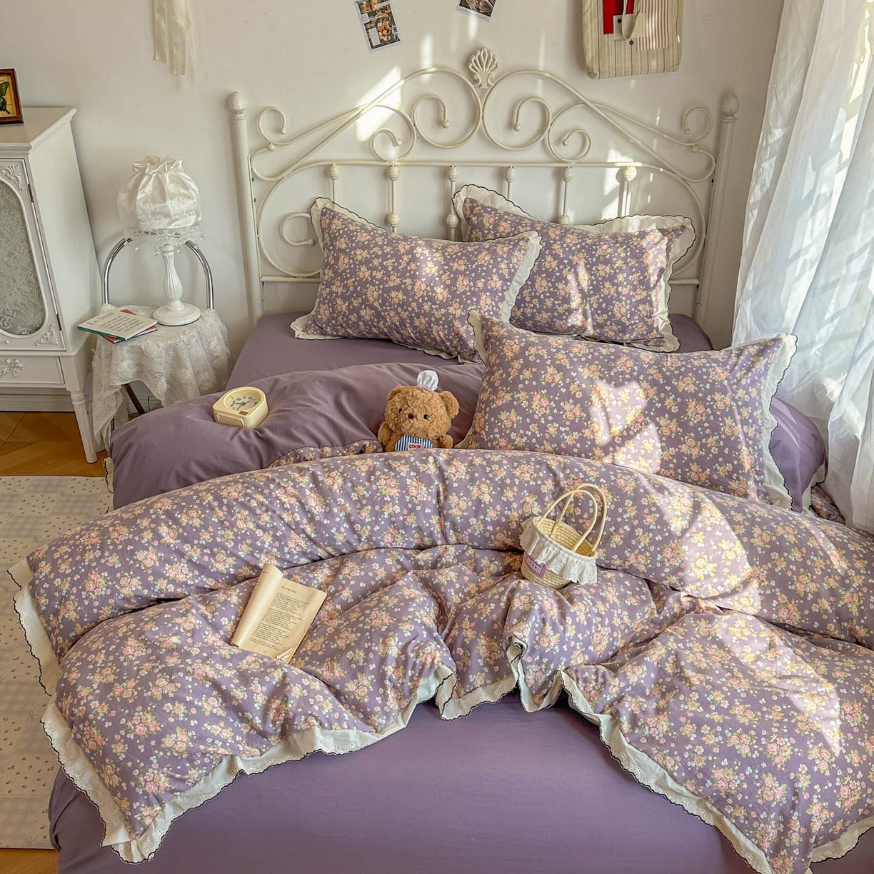 91家纺网 家纺一手货源 找家纺 晚爱家纺（原晚安家居） 2026春夏新款古法水洗棉复古法式花边四件套少女公主风 紫色花野