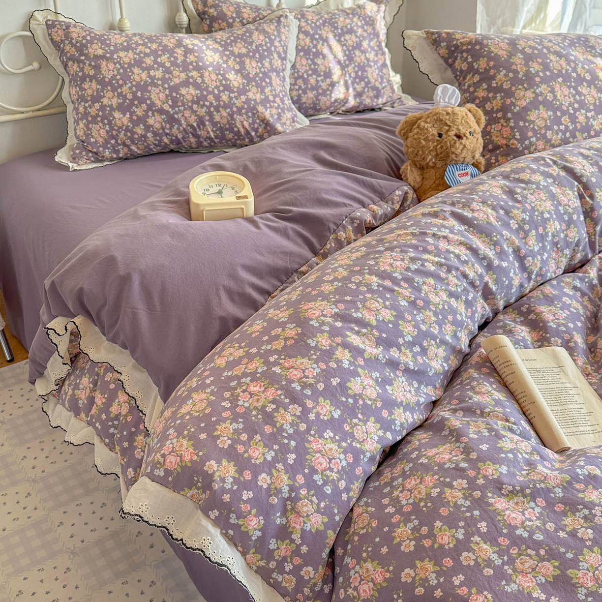 91家纺网 家纺一手货源 找家纺 晚爱家纺（原晚安家居） 2026春夏新款古法水洗棉复古法式花边四件套少女公主风 紫色花野