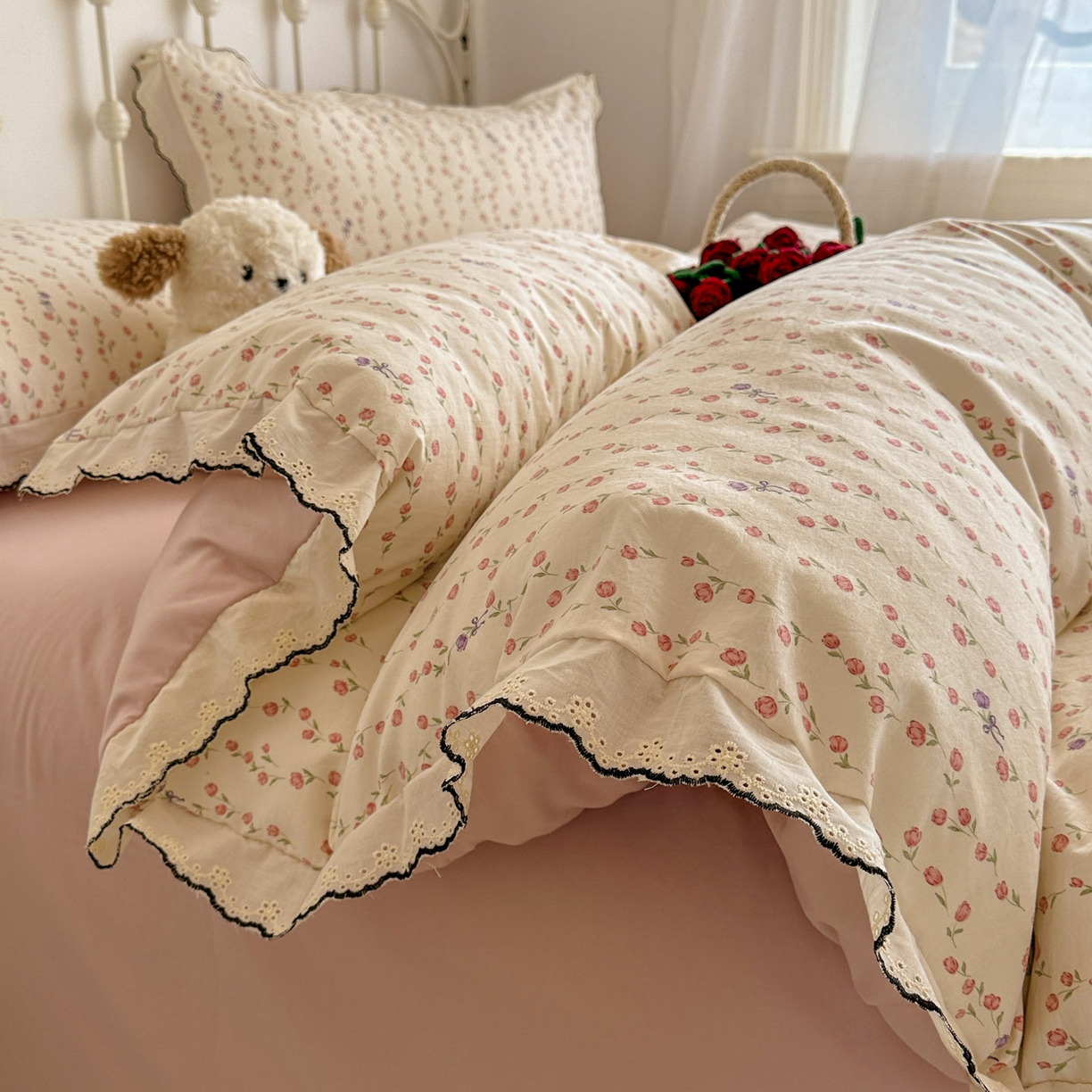 91家纺网 家纺一手货源 找家纺 晚爱家纺（原晚安家居） 2026春夏新款古法水洗棉复古法式花边四件套少女公主风 玫瑰花语