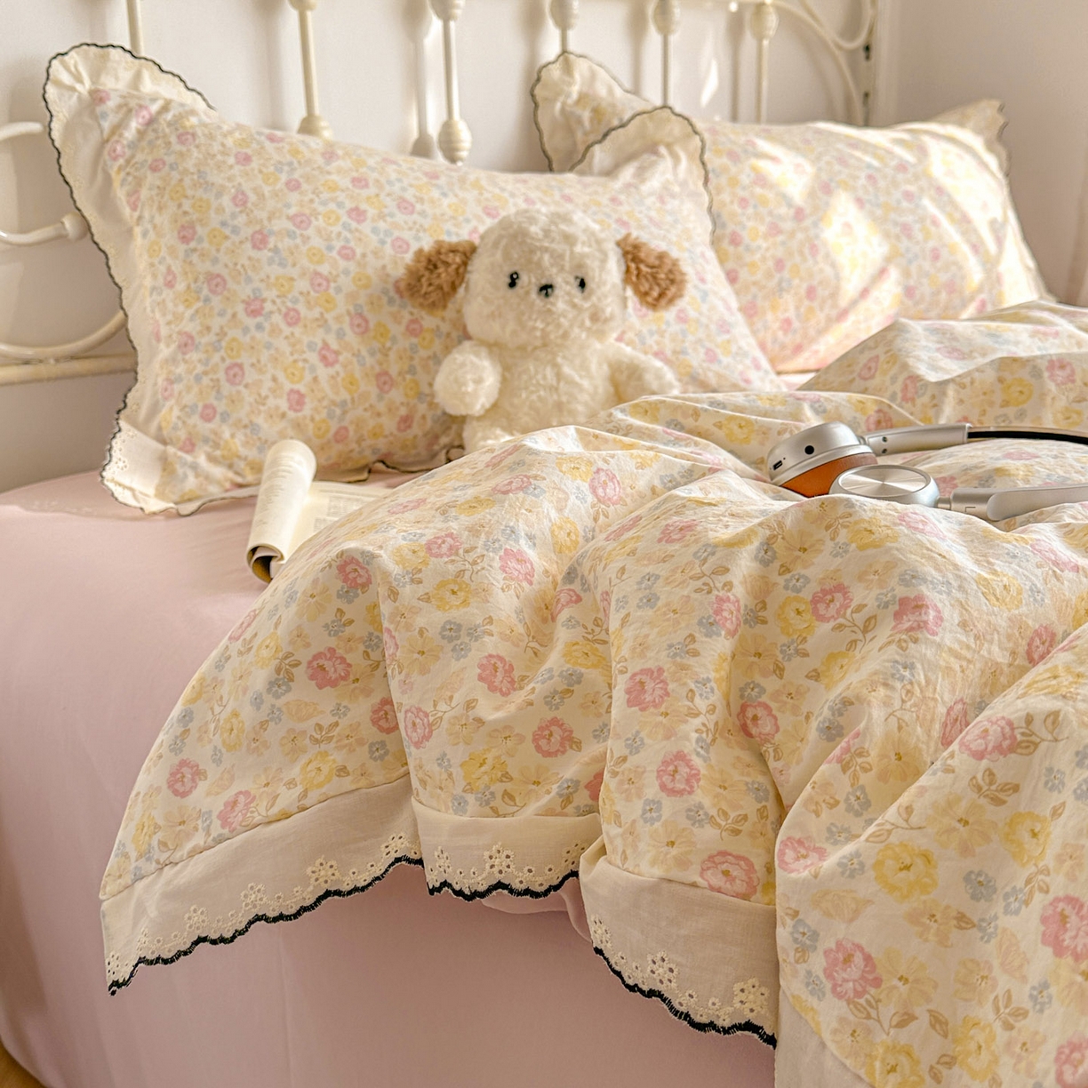 91家纺网 家纺一手货源 找家纺 晚爱家纺（原晚安家居） 2026春夏新款古法水洗棉复古法式花边四件套少女公主风 春日密语