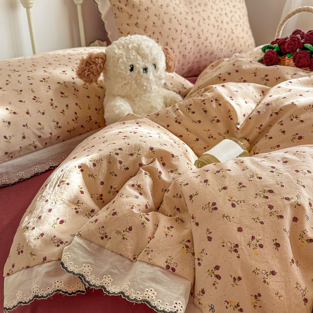 91家纺网 家纺一手货源 找家纺 晚爱家纺（原晚安家居） 2026春夏新款古法水洗棉复古法式花边四件套少女公主风 密语花田