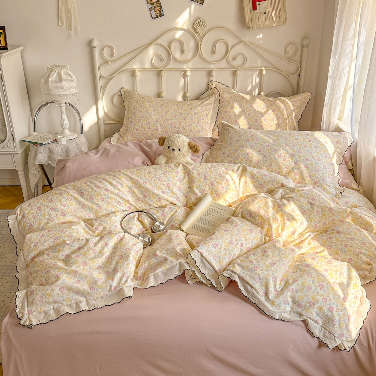 91家纺网 家纺一手货源 找家纺 晚爱家纺（原晚安家居） 2026春夏新款古法水洗棉复古法式花边四件套少女公主风 春日密语