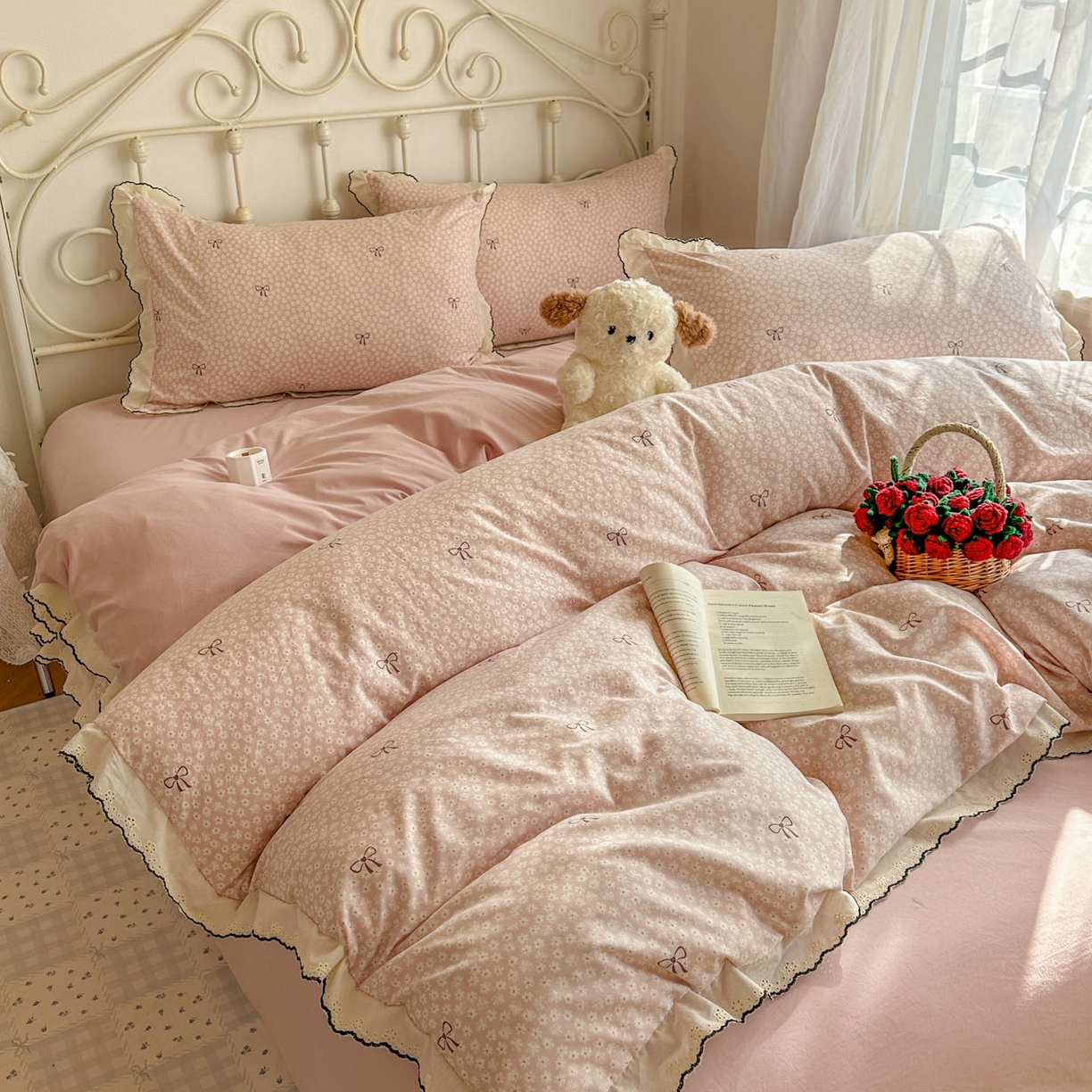 91家纺网 家纺一手货源 找家纺 晚爱家纺（原晚安家居） 2026春夏新款古法水洗棉复古法式花边四件套少女公主风 粉色蝴蝶结