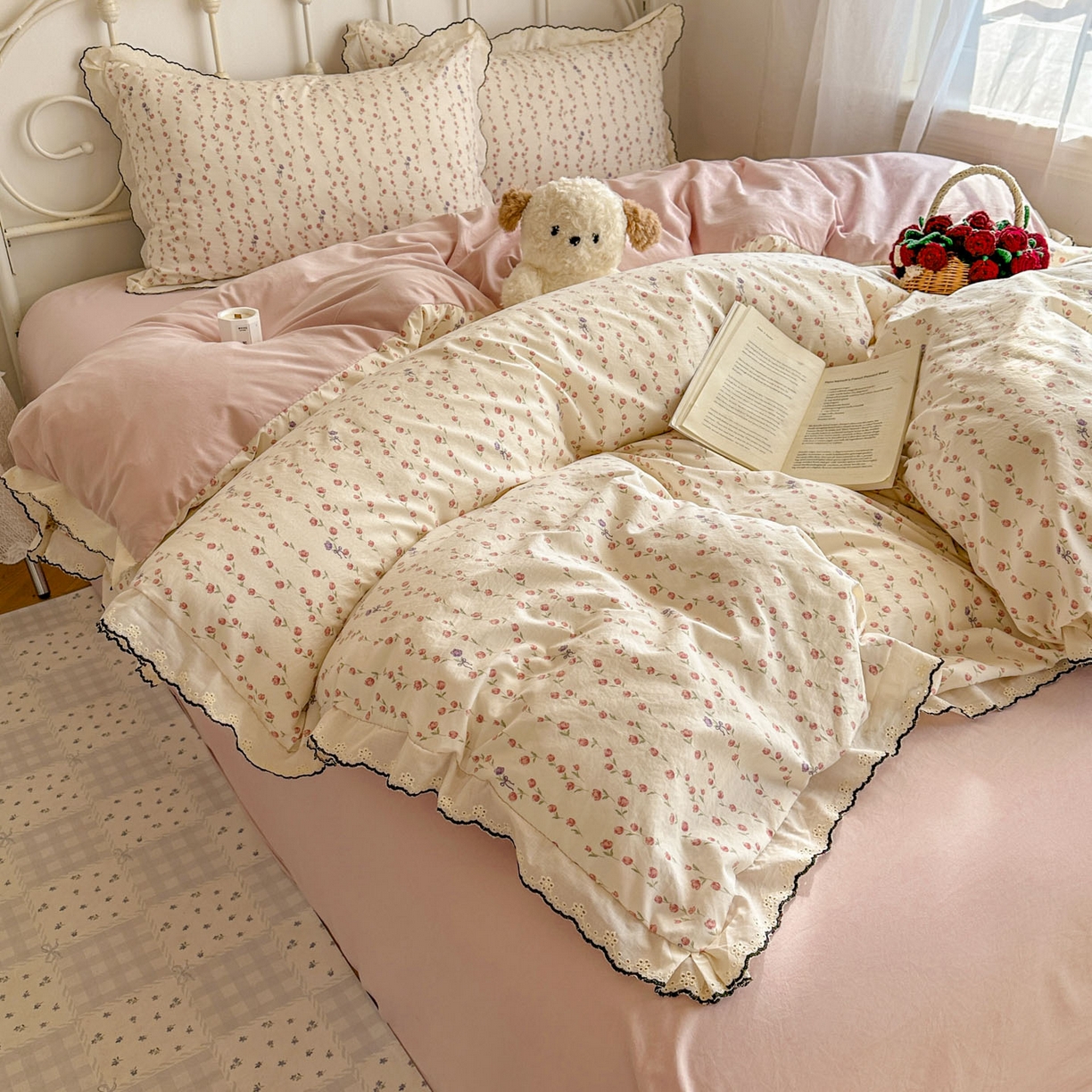 91家纺网 家纺一手货源 找家纺 晚爱家纺（原晚安家居） 2026春夏新款古法水洗棉复古法式花边四件套少女公主风 玫瑰花语