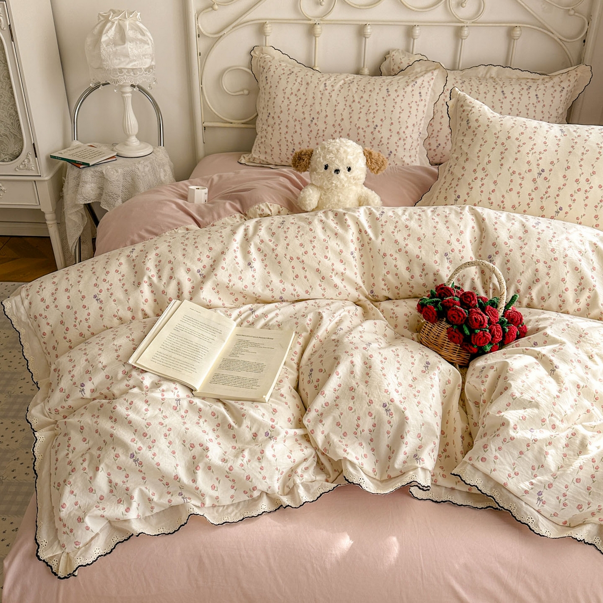 91家纺网 家纺一手货源 找家纺 晚爱家纺（原晚安家居） 2026春夏新款古法水洗棉复古法式花边四件套少女公主风 玫瑰花语