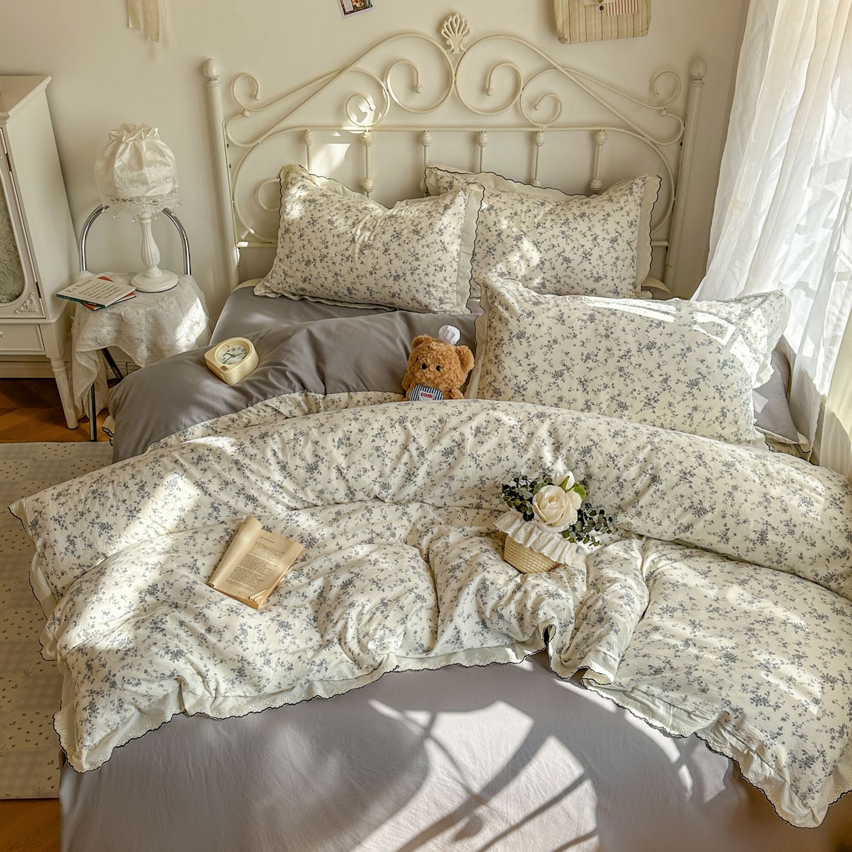 91家纺网 家纺一手货源 找家纺 晚爱家纺（原晚安家居） 2026春夏新款古法水洗棉复古法式花边四件套少女公主风 雾蓝花野