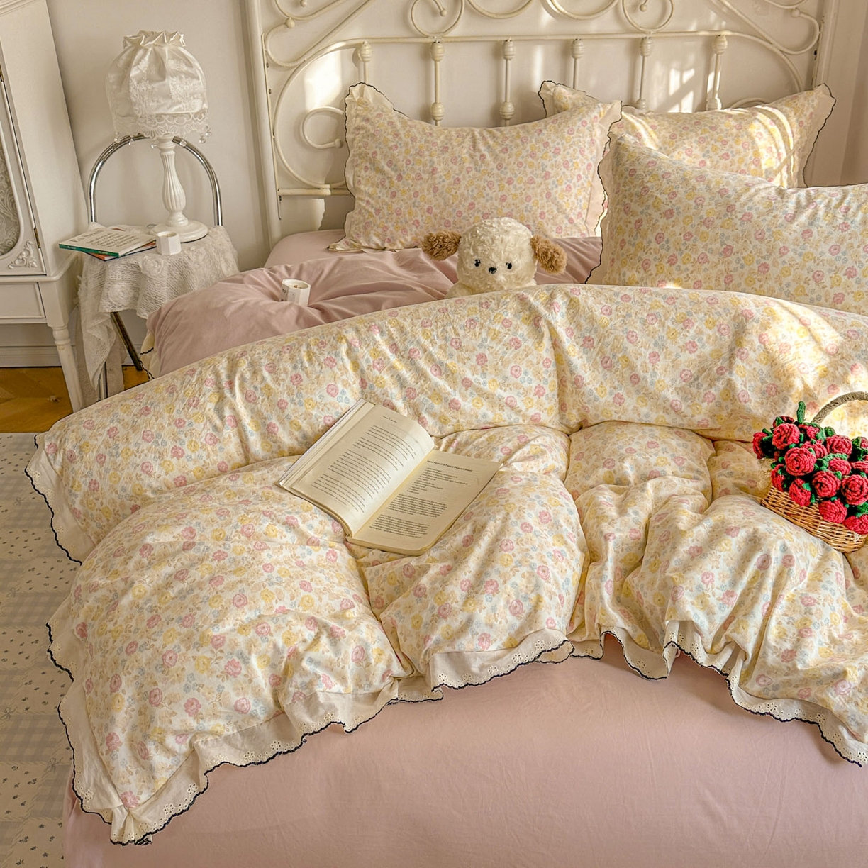 91家纺网 家纺一手货源 找家纺 晚爱家纺（原晚安家居） 2026春夏新款古法水洗棉复古法式花边四件套少女公主风 春日密语