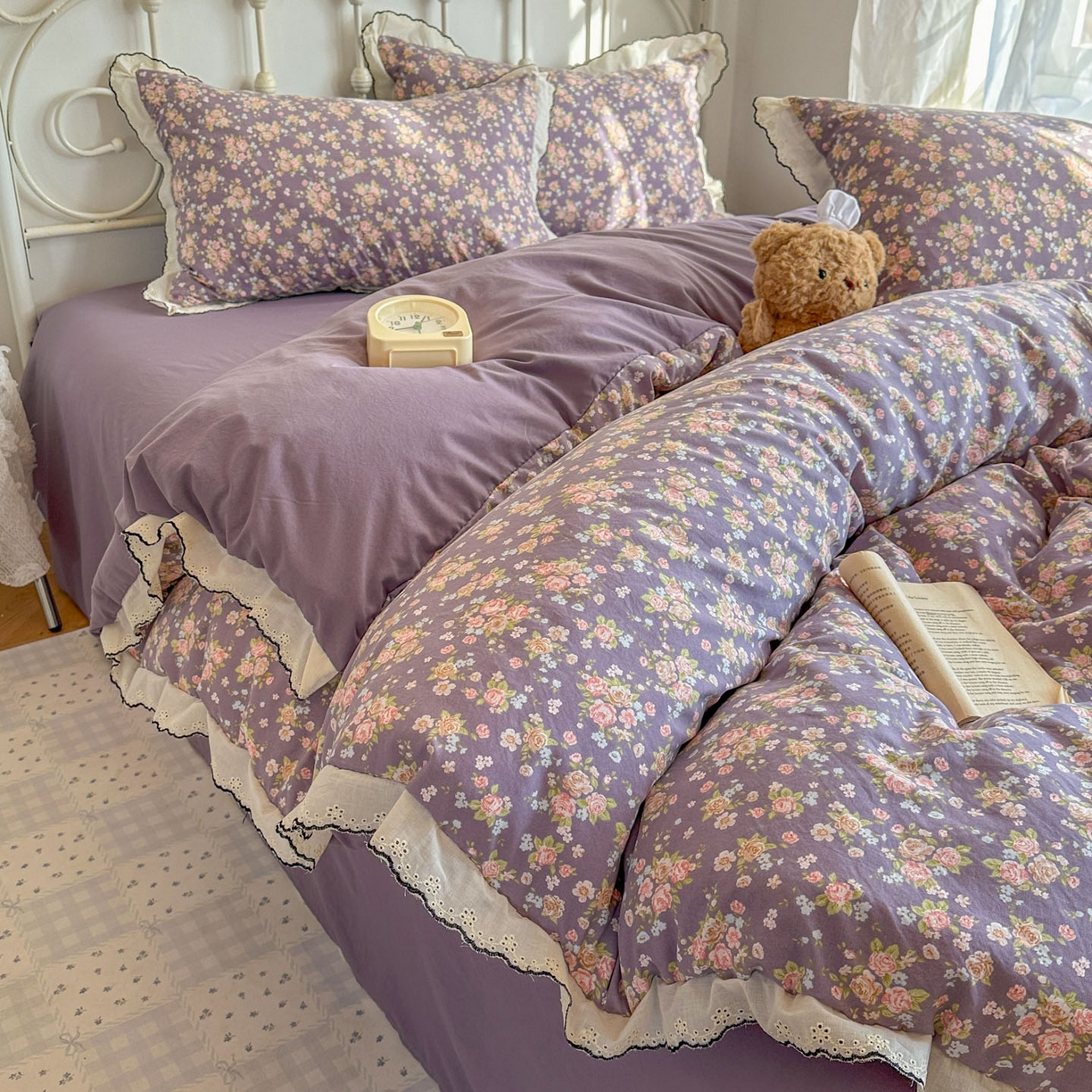 91家纺网 家纺一手货源 找家纺 晚爱家纺（原晚安家居） 2026春夏新款古法水洗棉复古法式花边四件套少女公主风 紫色花野
