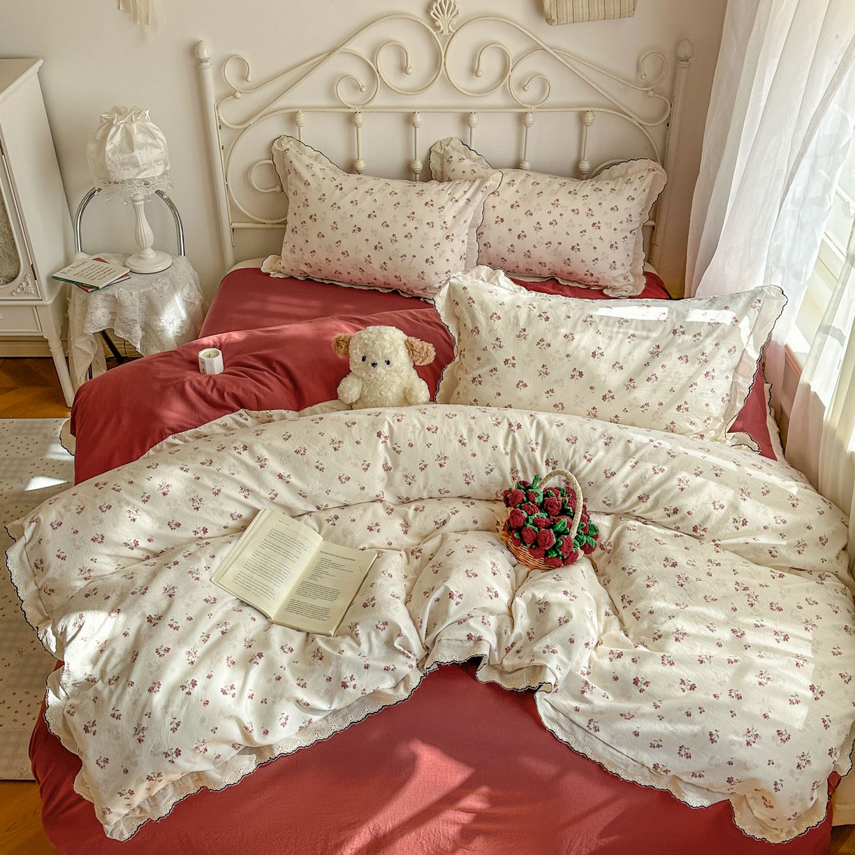 91家纺网 家纺一手货源 找家纺 晚爱家纺（原晚安家居） 2026春夏新款古法水洗棉复古法式花边四件套少女公主风 浆果日记