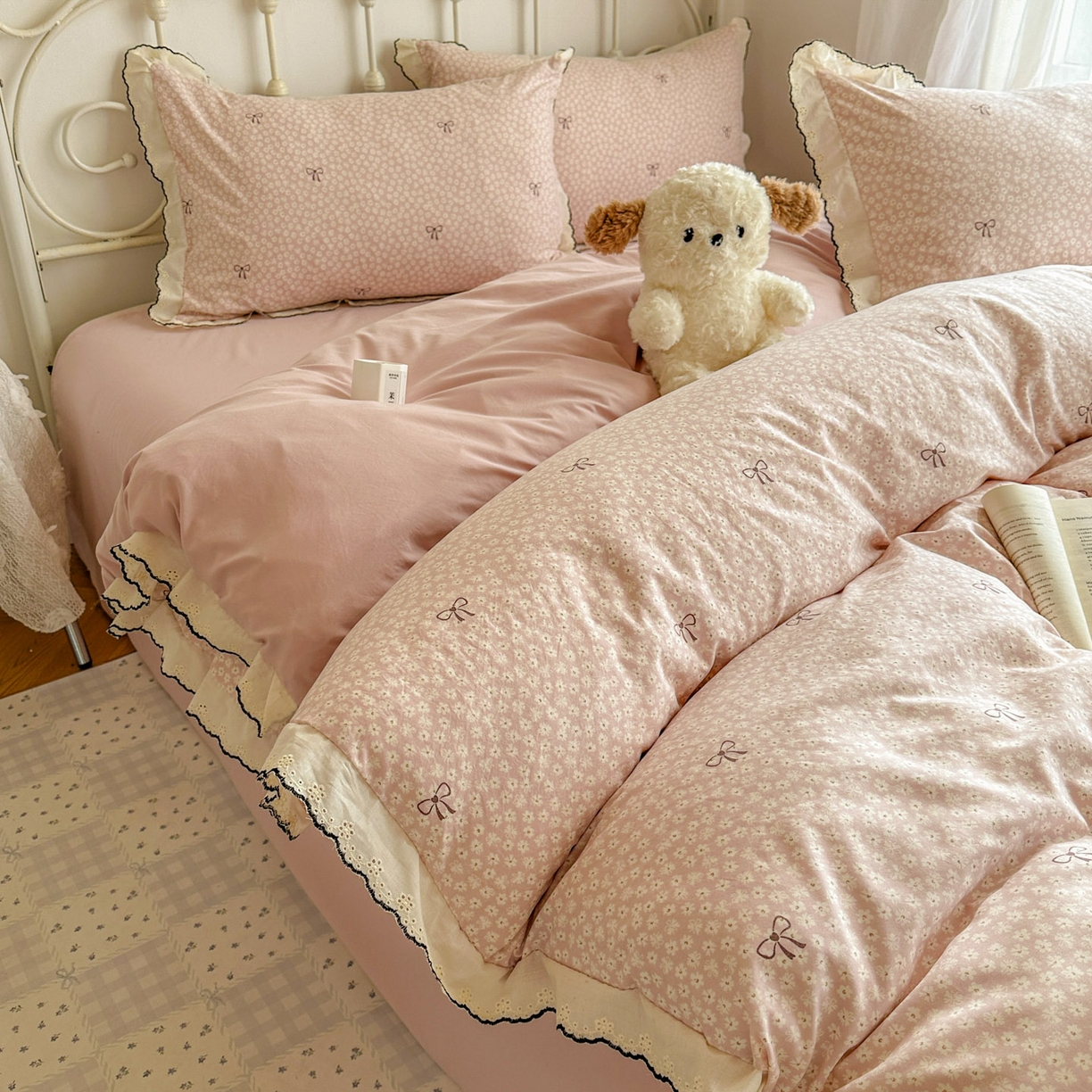 91家纺网 家纺一手货源 找家纺 晚爱家纺（原晚安家居） 2026春夏新款古法水洗棉复古法式花边四件套少女公主风 粉色蝴蝶结