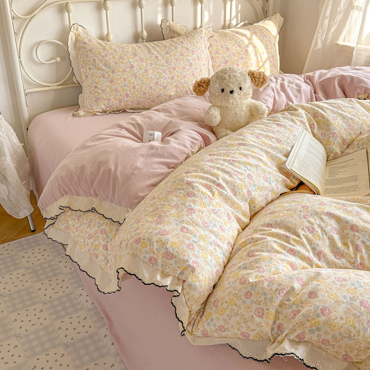 91家纺网 家纺一手货源 找家纺 晚爱家纺（原晚安家居） 2026春夏新款古法水洗棉复古法式花边四件套少女公主风 春日密语