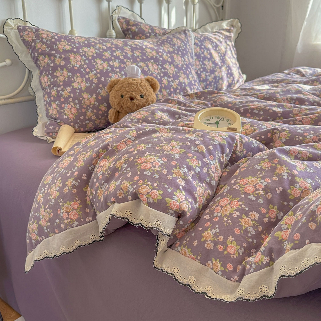 91家纺网 家纺一手货源 找家纺 晚爱家纺（原晚安家居） 2026春夏新款古法水洗棉复古法式花边四件套少女公主风 紫色花野