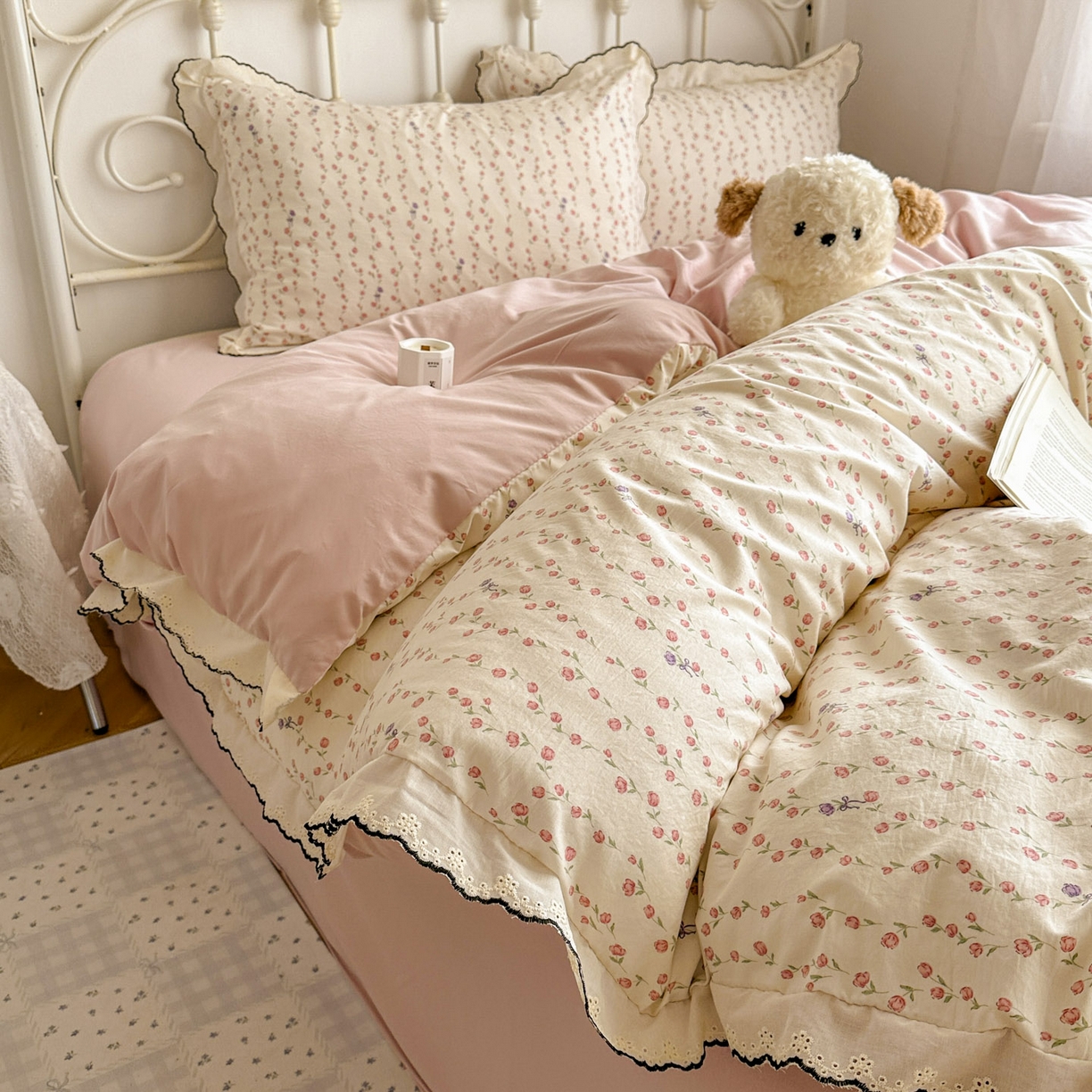 91家纺网 家纺一手货源 找家纺 晚爱家纺（原晚安家居） 2026春夏新款古法水洗棉复古法式花边四件套少女公主风 玫瑰花语