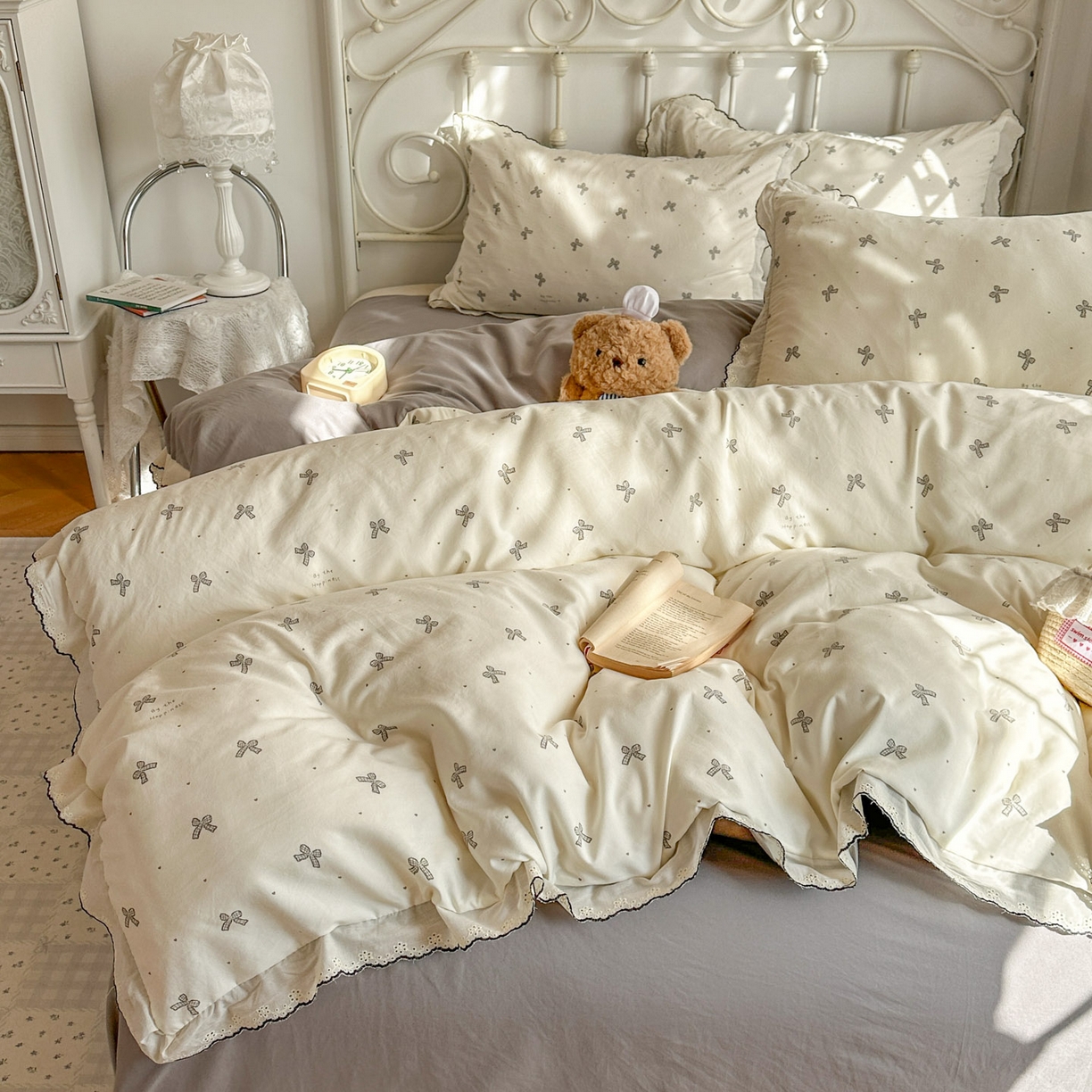 91家纺网 家纺一手货源 找家纺 晚爱家纺（原晚安家居） 2026春夏新款古法水洗棉复古法式花边四件套少女公主风 奶白蝴蝶结