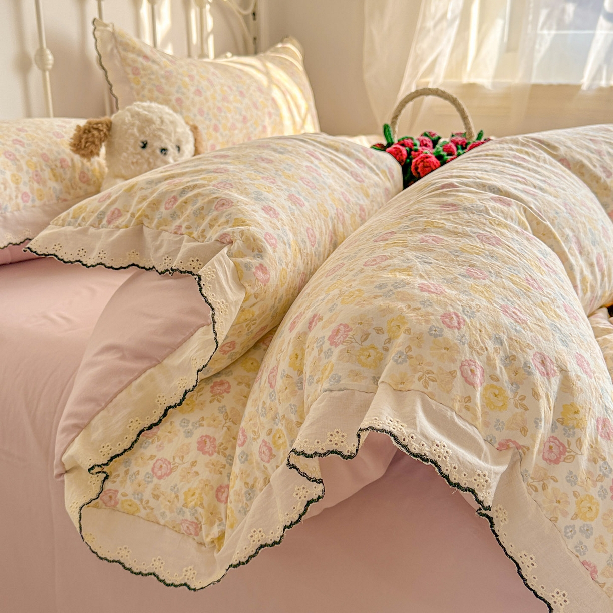 91家纺网 家纺一手货源 找家纺 晚爱家纺（原晚安家居） 2026春夏新款古法水洗棉复古法式花边四件套少女公主风 春日密语