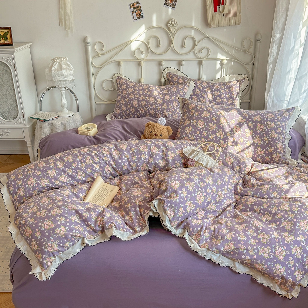 91家纺网 家纺一手货源 找家纺 晚爱家纺（原晚安家居） 2026春夏新款古法水洗棉复古法式花边四件套少女公主风 紫色花野