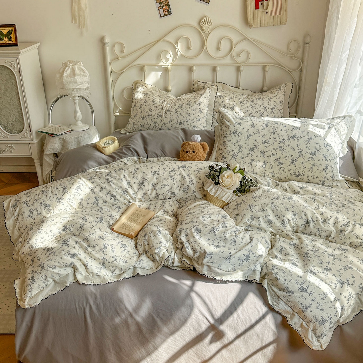 91家纺网 家纺一手货源 找家纺 晚爱家纺（原晚安家居） 2026春夏新款古法水洗棉复古法式花边四件套少女公主风 雾蓝花野