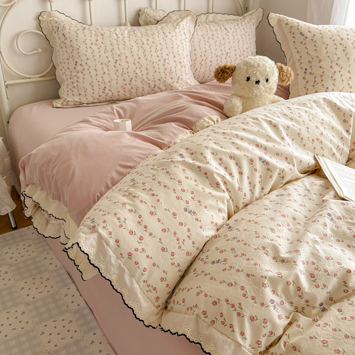 91家纺网 家纺一手货源 找家纺 晚爱家纺（原晚安家居） 2026春夏新款古法水洗棉复古法式花边四件套少女公主风 玫瑰花语