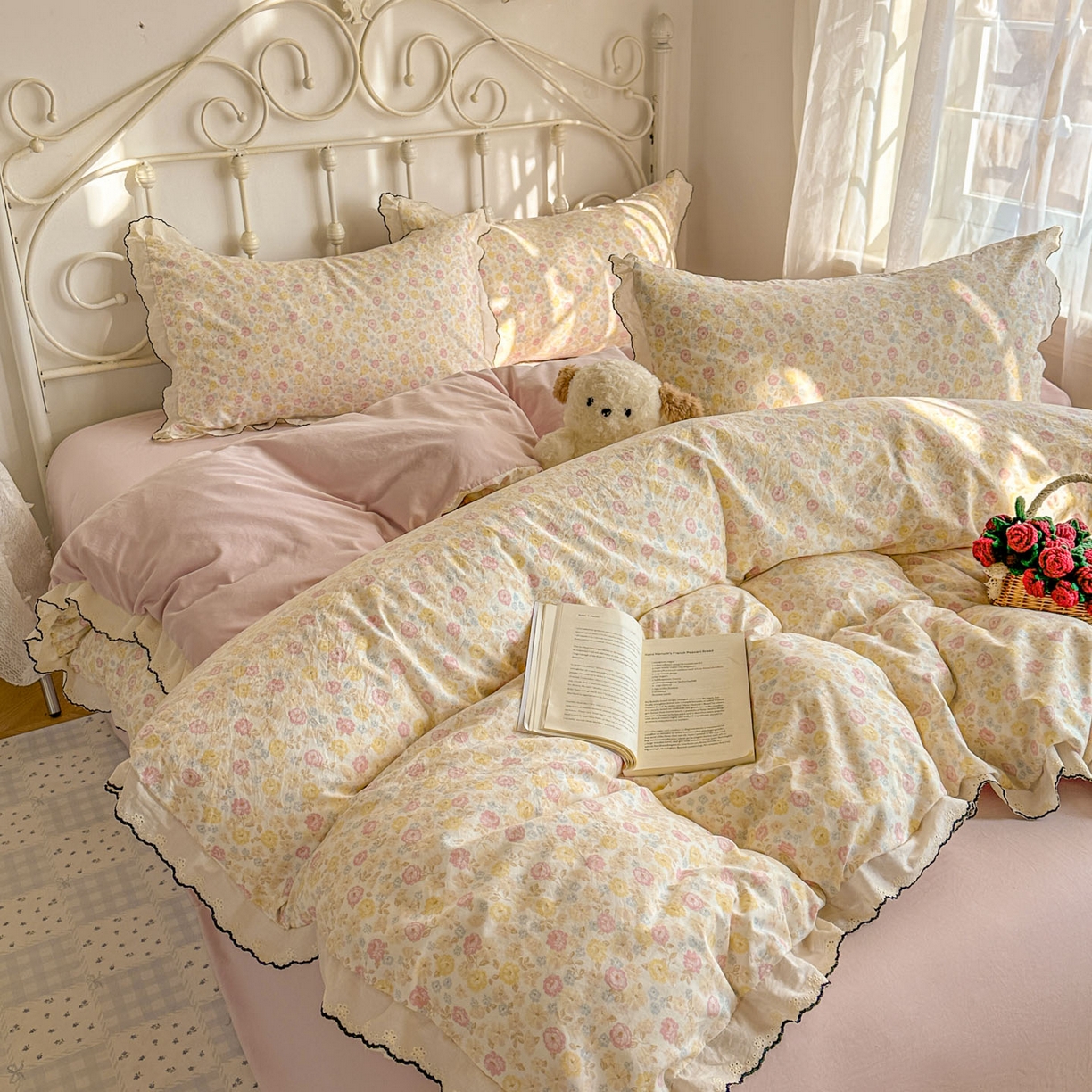 91家纺网 家纺一手货源 找家纺 晚爱家纺（原晚安家居） 2026春夏新款古法水洗棉复古法式花边四件套少女公主风 春日密语