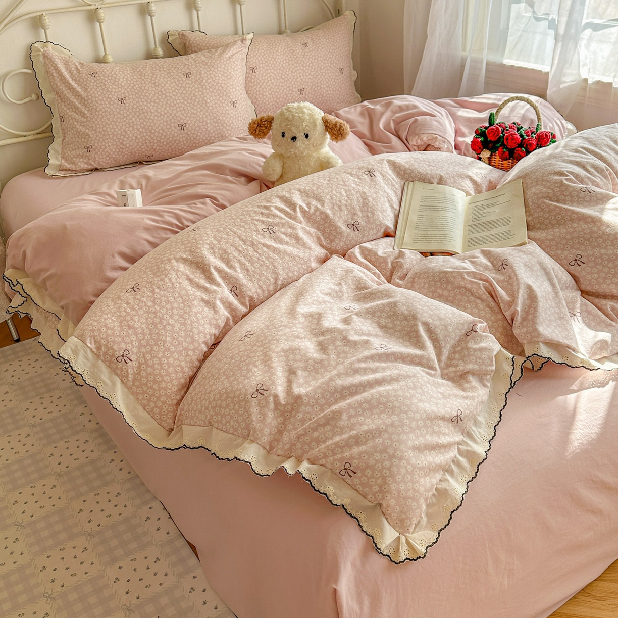 91家纺网 家纺一手货源 找家纺 晚爱家纺（原晚安家居） 2026春夏新款古法水洗棉复古法式花边四件套少女公主风 粉色蝴蝶结