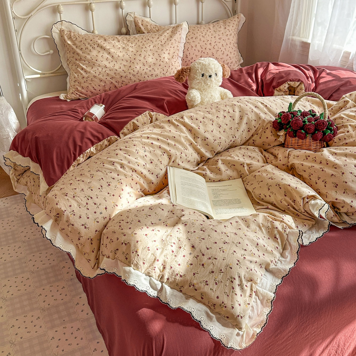 91家纺网 家纺一手货源 找家纺 晚爱家纺（原晚安家居） 2026春夏新款古法水洗棉复古法式花边四件套少女公主风 密语花田