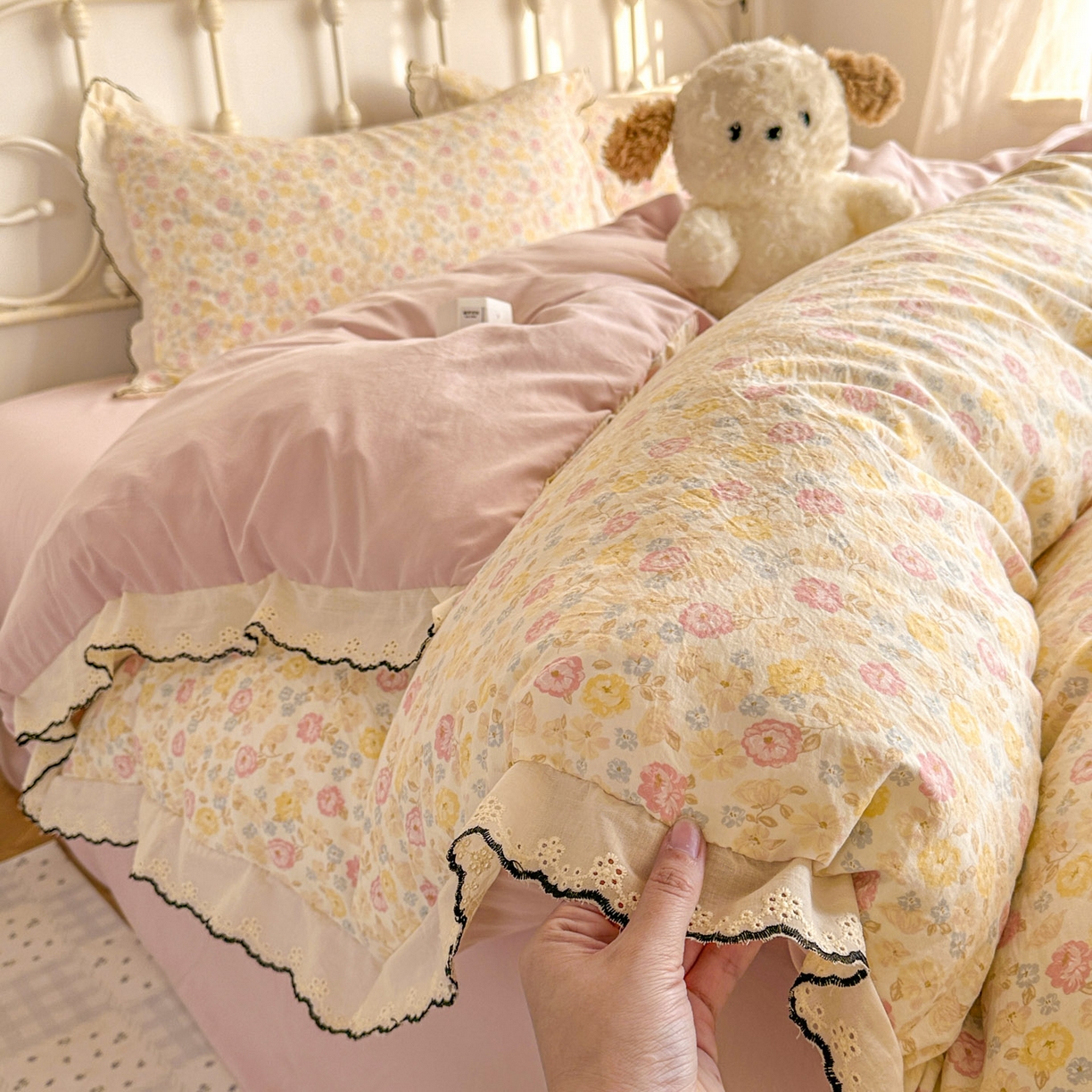 晚爱家纺（原晚安家居） 2026春夏新款古法水洗棉复古法式花边四件套少女公主风 春日密语