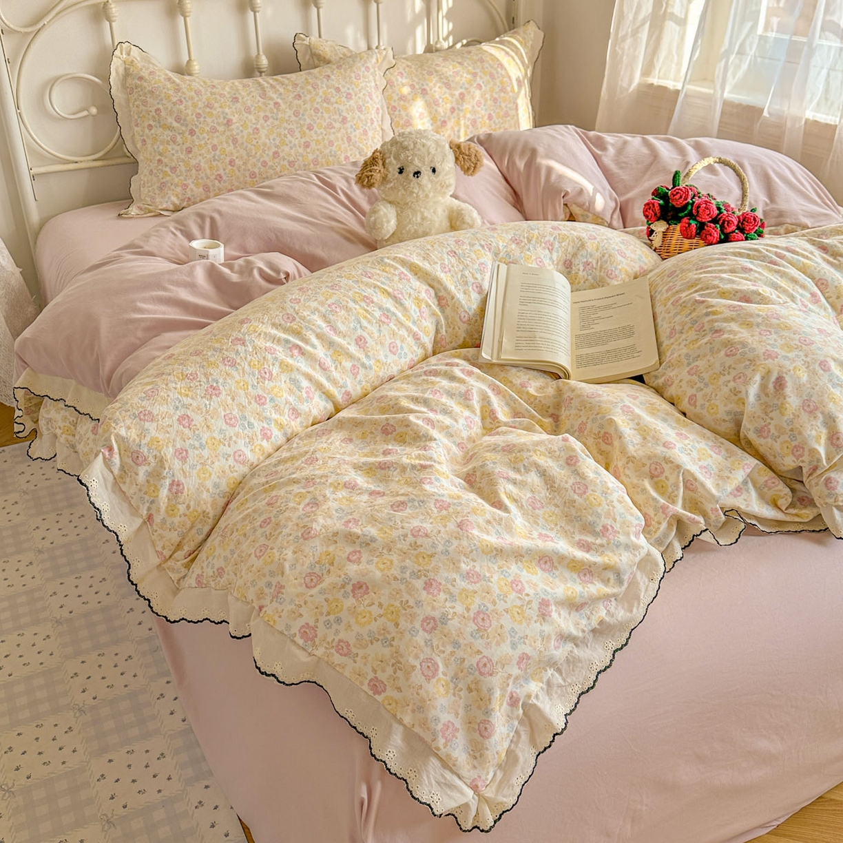 91家纺网 家纺一手货源 找家纺 晚爱家纺（原晚安家居） 2026春夏新款古法水洗棉复古法式花边四件套少女公主风 春日密语