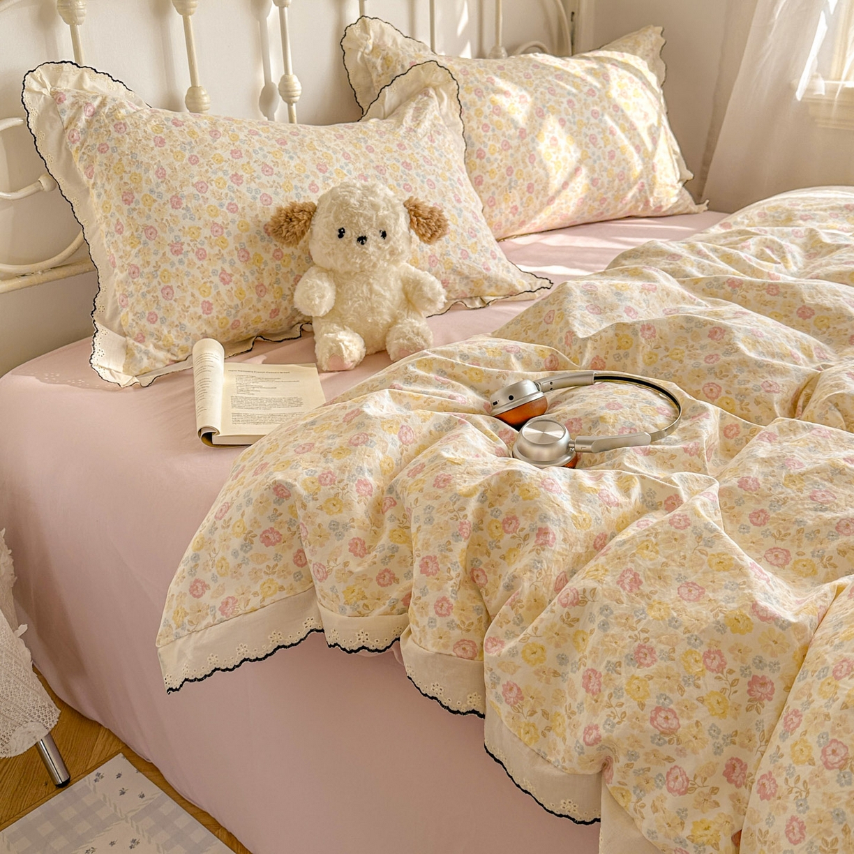 91家纺网 家纺一手货源 找家纺 晚爱家纺（原晚安家居） 2026春夏新款古法水洗棉复古法式花边四件套少女公主风 春日密语