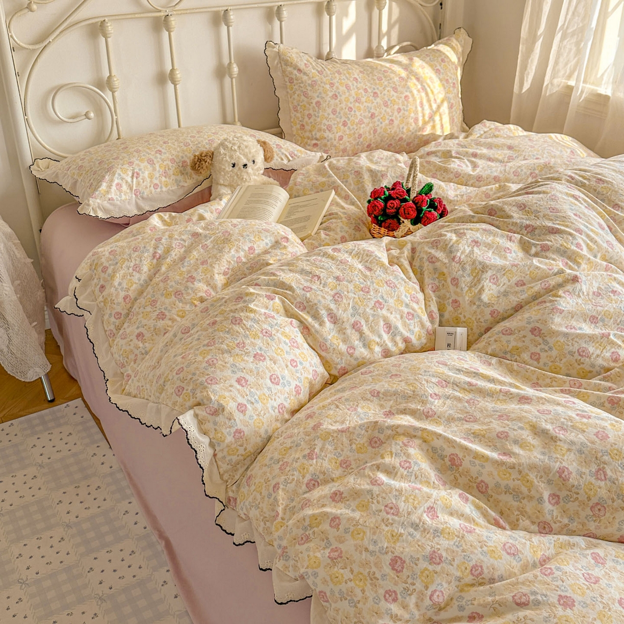 91家纺网 家纺一手货源 找家纺 晚爱家纺（原晚安家居） 2026春夏新款古法水洗棉复古法式花边四件套少女公主风 春日密语