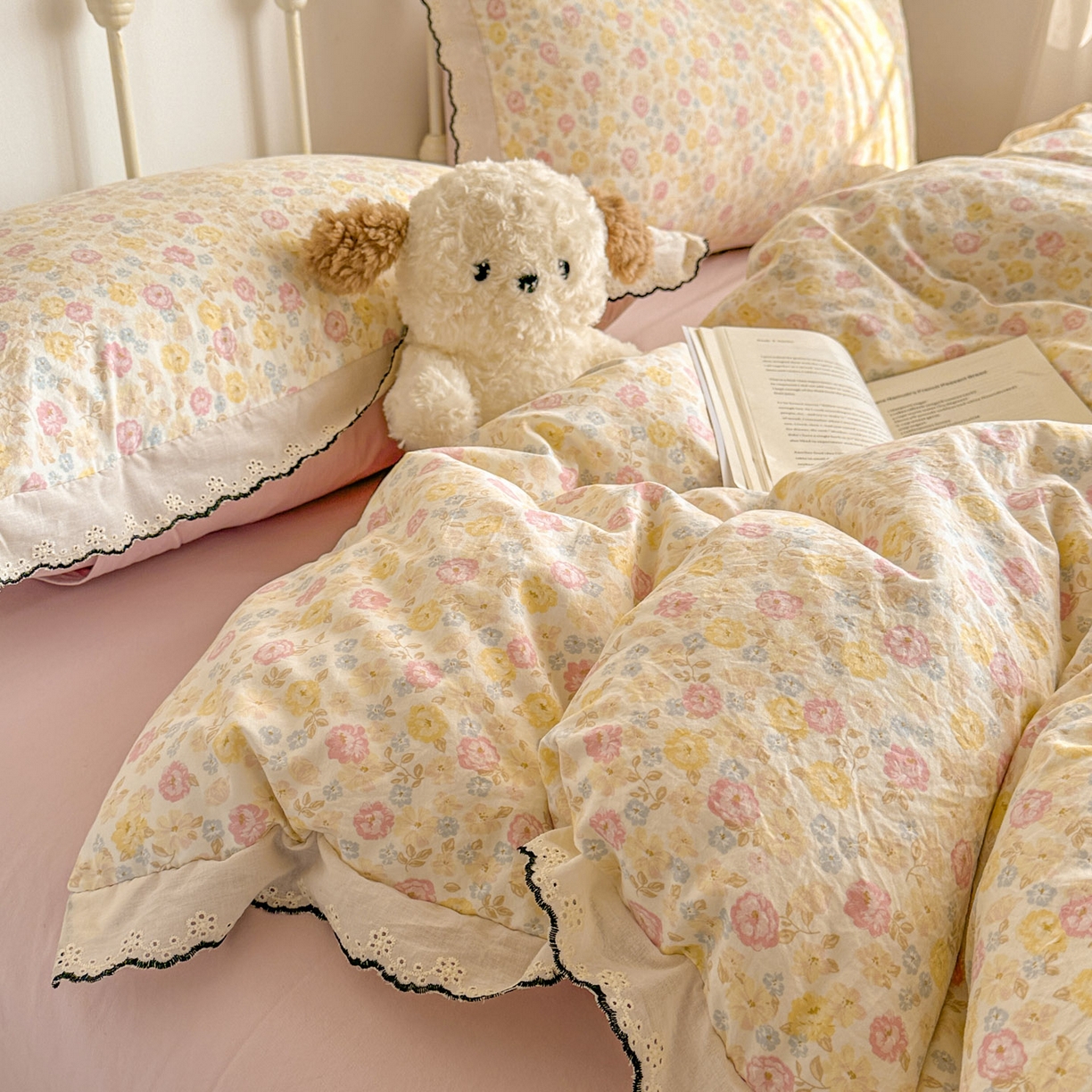 91家纺网 家纺一手货源 找家纺 晚爱家纺（原晚安家居） 2026春夏新款古法水洗棉复古法式花边四件套少女公主风 春日密语