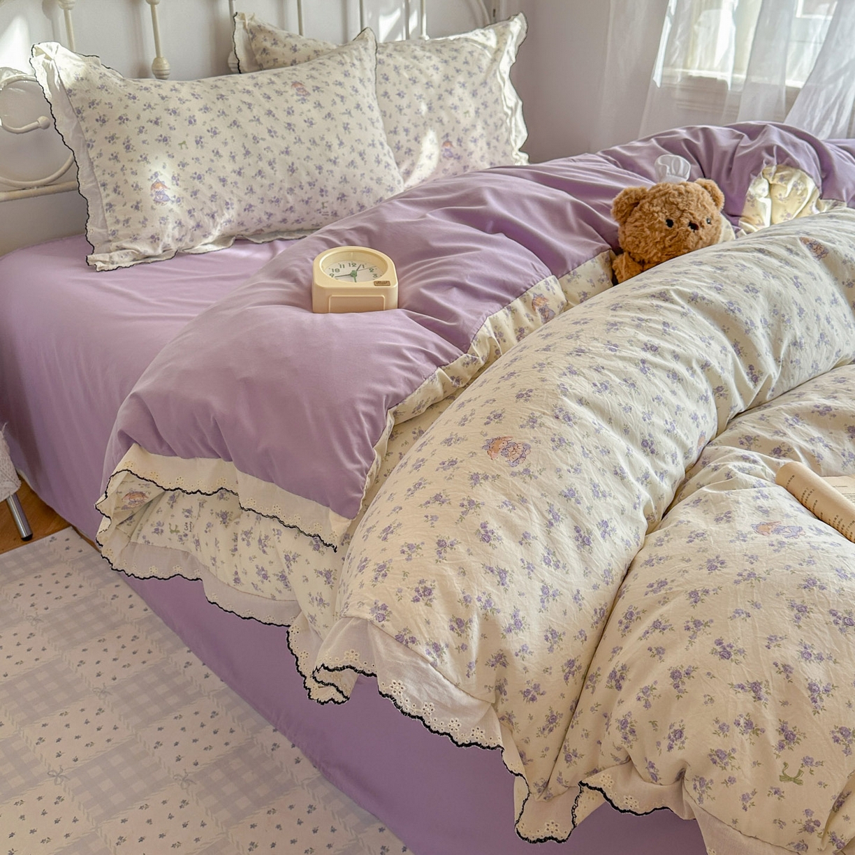 91家纺网 家纺一手货源 找家纺 晚爱家纺（原晚安家居） 2026春夏新款古法水洗棉复古法式花边四件套少女公主风 紫雾小兔