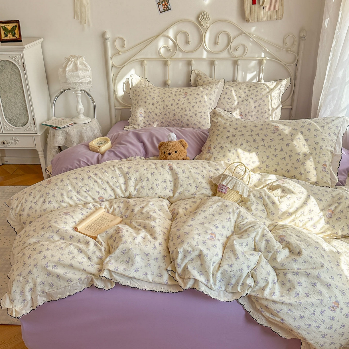 91家纺网 家纺一手货源 找家纺 晚爱家纺（原晚安家居） 2026春夏新款古法水洗棉复古法式花边四件套少女公主风 紫雾小兔