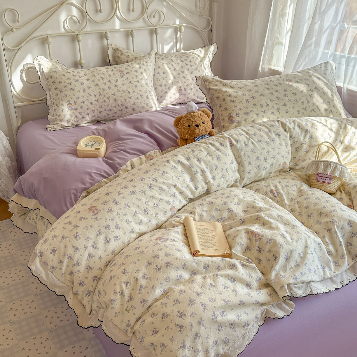 91家纺网 家纺一手货源 找家纺 晚爱家纺（原晚安家居） 2026春夏新款古法水洗棉复古法式花边四件套少女公主风 紫雾小兔