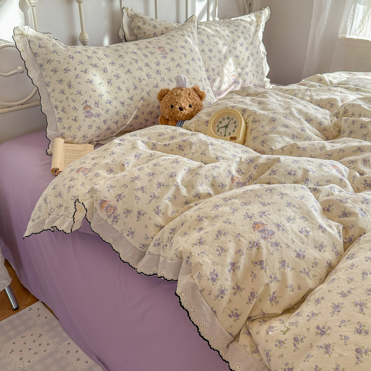 91家纺网 家纺一手货源 找家纺 晚爱家纺（原晚安家居） 2026春夏新款古法水洗棉复古法式花边四件套少女公主风 紫雾小兔